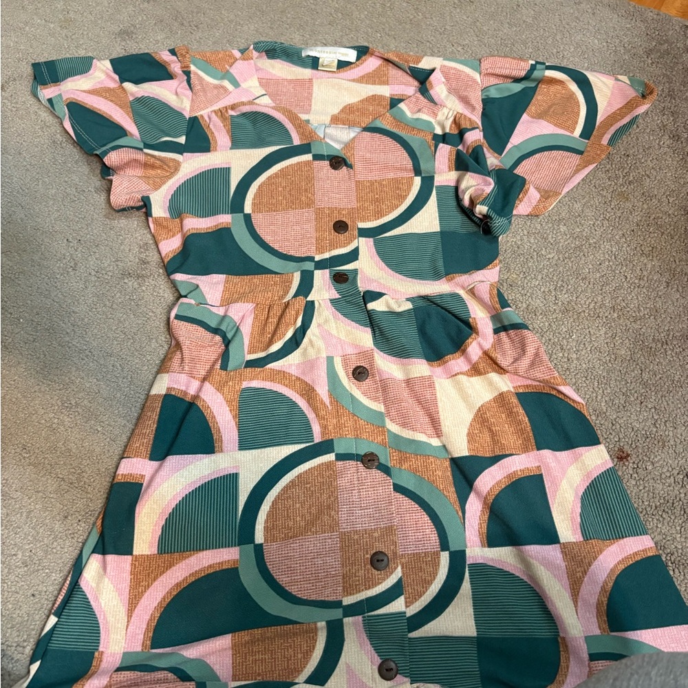 Monteau Teal Pink Brown Geometric Button-Front Midi Dress